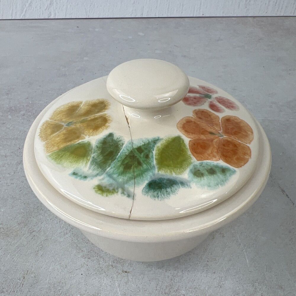 VTG franciscan ware floral Earthenware Sugar Bowl With Lid USA Crack In‎ Lid